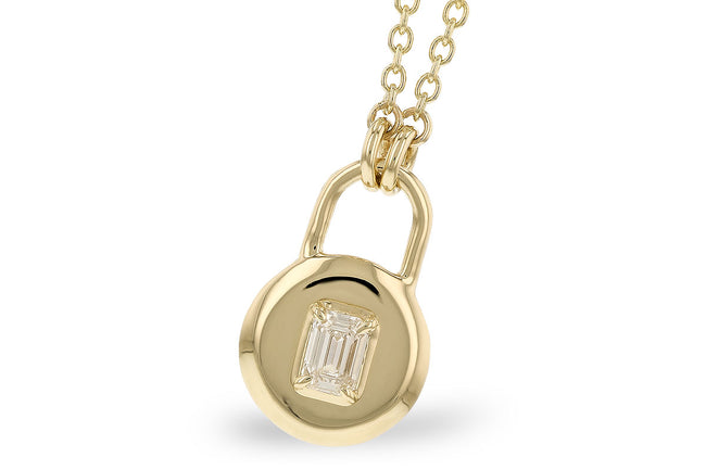 14k Yellow Gold Emerald Cut Diamond Lock Necklace