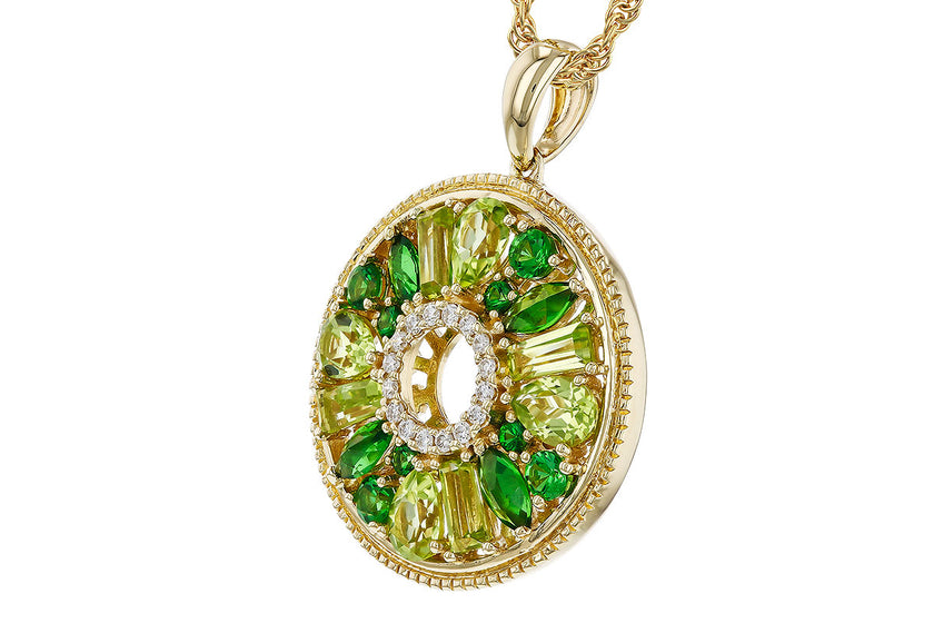 Mid Century Inspired Sunburst Tsavorite and Peridot Diamond Necklace in 14K