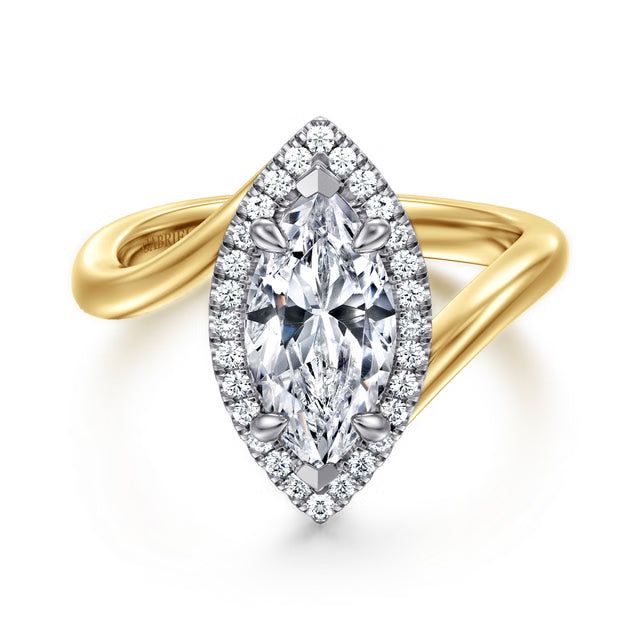 Sylvara - 14K White-Yellow Gold Marquise Shape Halo Diamond Engagement Ring