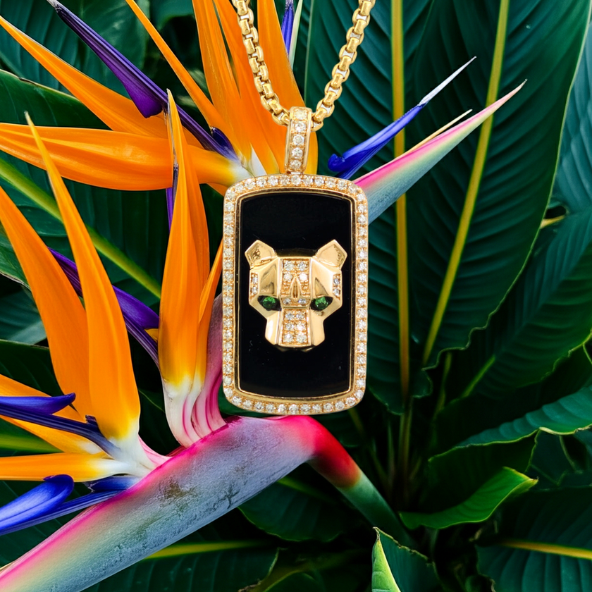Modern Design Black Onyx and Diamonds EFFY Panther Necklace with Tsavorite Eyes in 14K