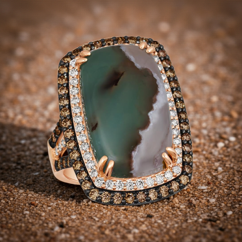 Luxurious LeVian Peacock Aquaprase and Chocolate Diamond Ring in 14K Strawberry Gold
