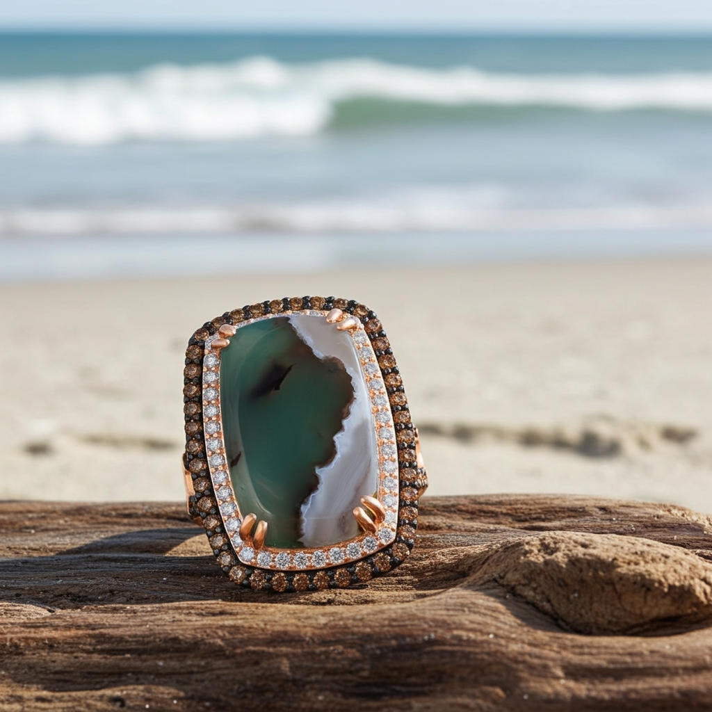 Luxurious LeVian Peacock Aquaprase and Chocolate Diamond Ring in 14K Strawberry Gold