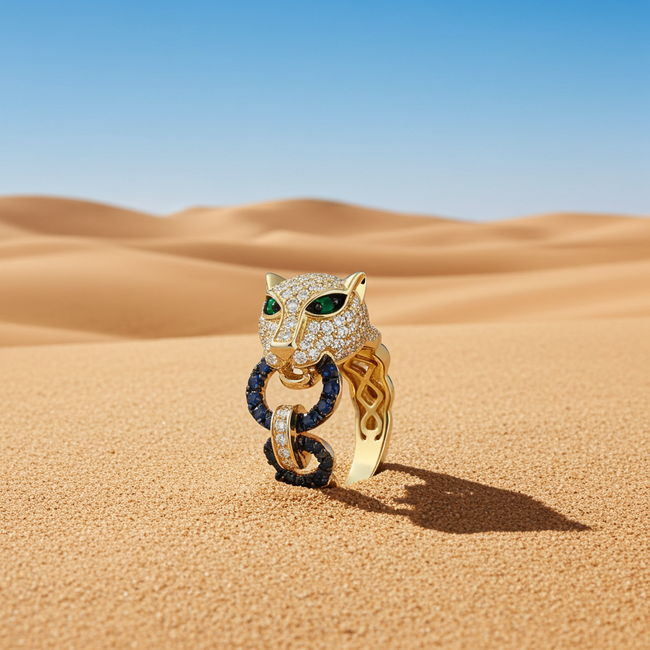 Incredible Panther Diamond and Sapphire EFFY Ring with Emerald Eyes in 14K