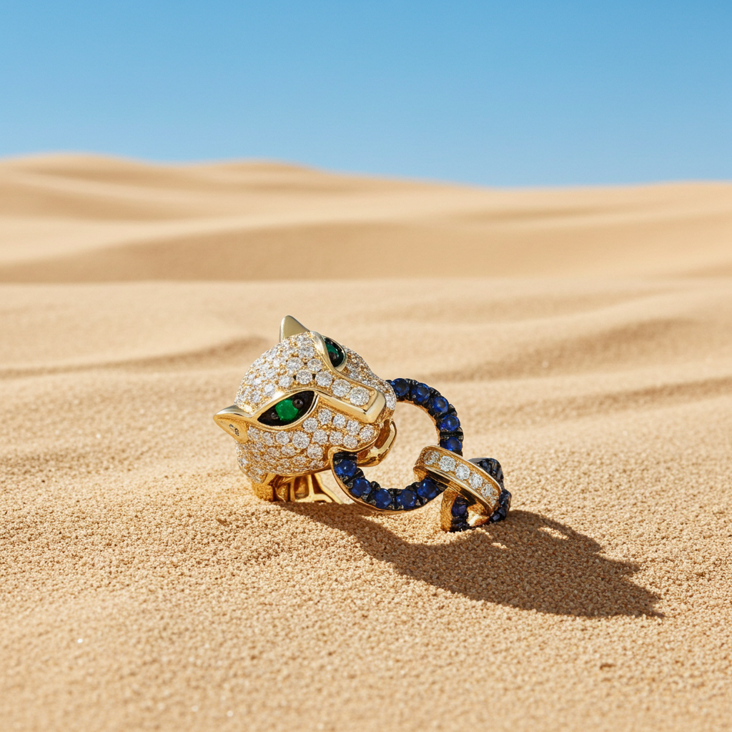 Incredible Panther Diamond and Sapphire EFFY Ring with Emerald Eyes in 14K