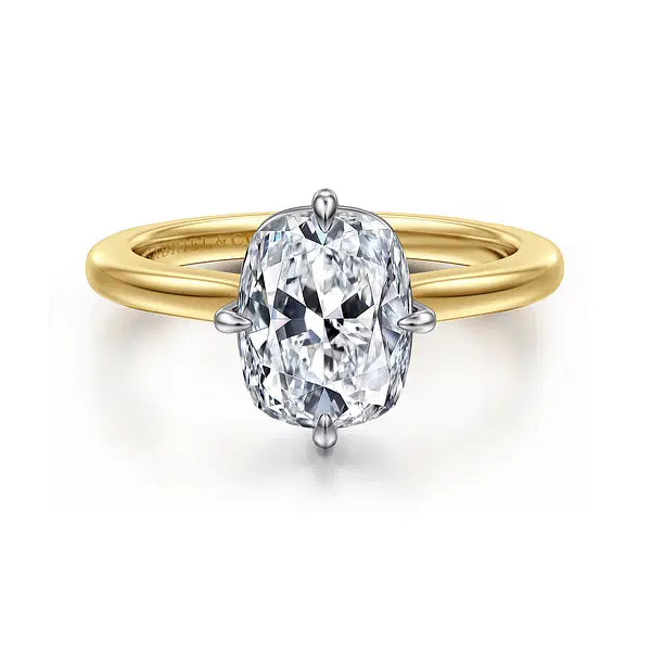 14K White-Yellow Gold Elongated Cushion Compass Prong Solitaire Diamond Engagement Ring