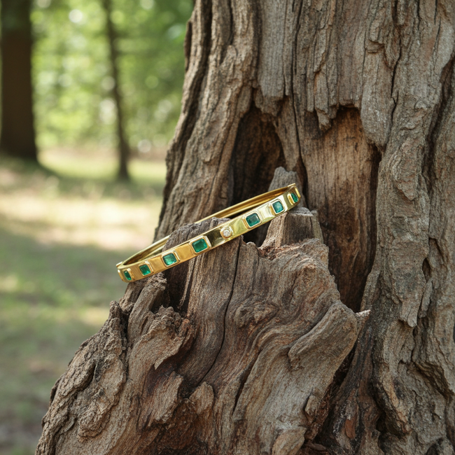 Bold and Modern Bezel Set Emerald & Diamond Effy Bangle Bracelet in 14k