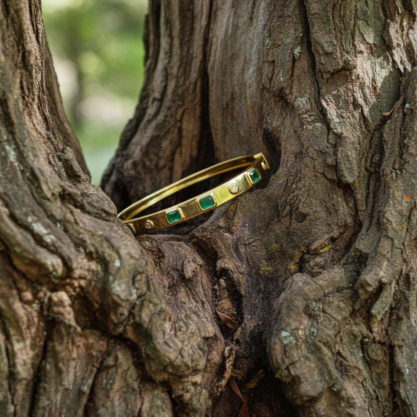 Bold and Modern Bezel Set Emerald & Diamond Effy Bangle Bracelet in 14k