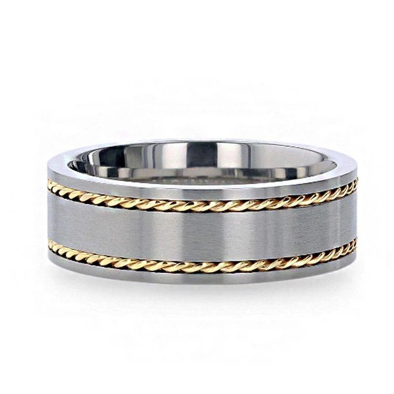 Titanium Brushed Finish Flat Men's Wedding Ring With 14K Yellow Gold Dual Braided Inlay