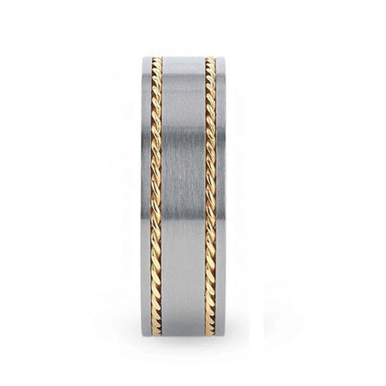 Titanium Brushed Finish Flat Men's Wedding Ring With 14K Yellow Gold Dual Braided Inlay