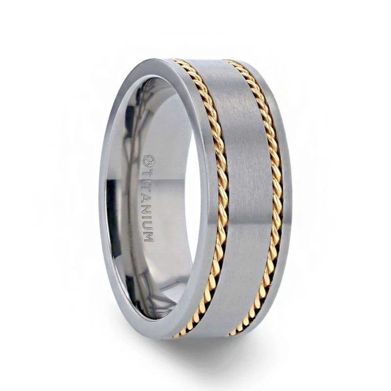 Titanium Brushed Finish Flat Men's Wedding Ring With 14K Yellow Gold Dual Braided Inlay