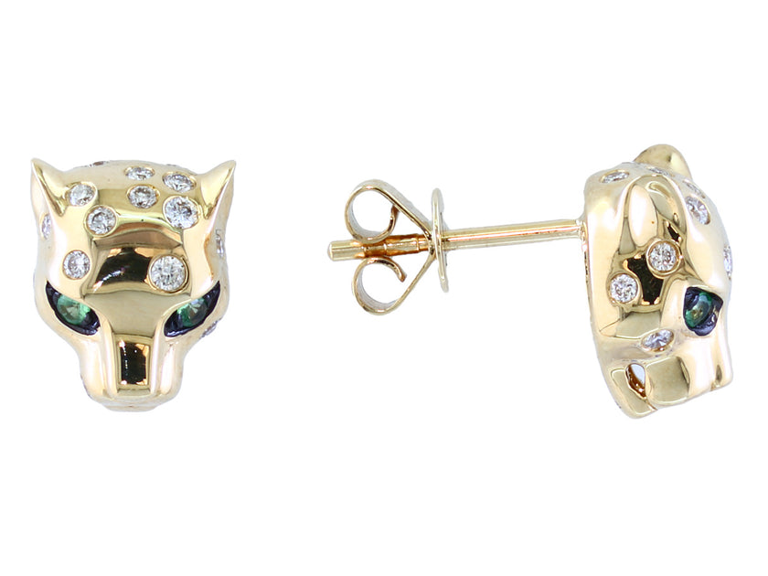 Cartier Inspired Diamond and Tsavorite Panther EFFY Stud Earrings in 14K