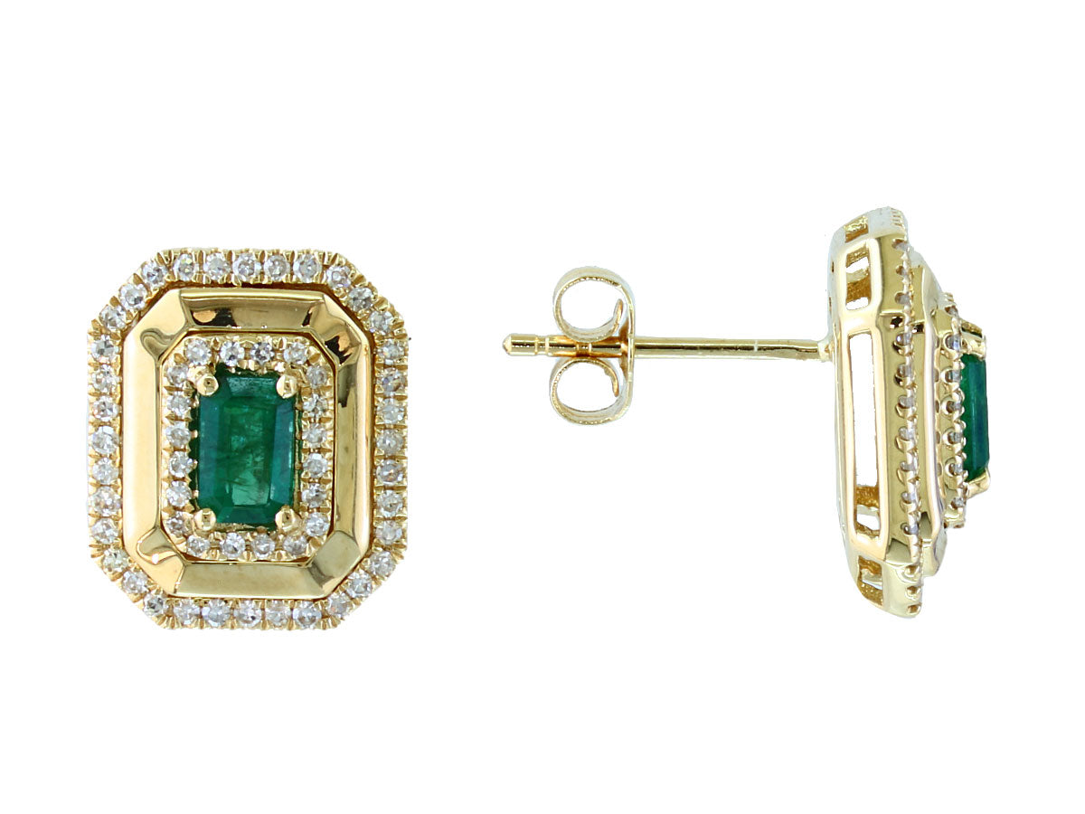 Shimmering Octagon Shaped Emerald & Diamond Halo EFFY Earrings in 14K