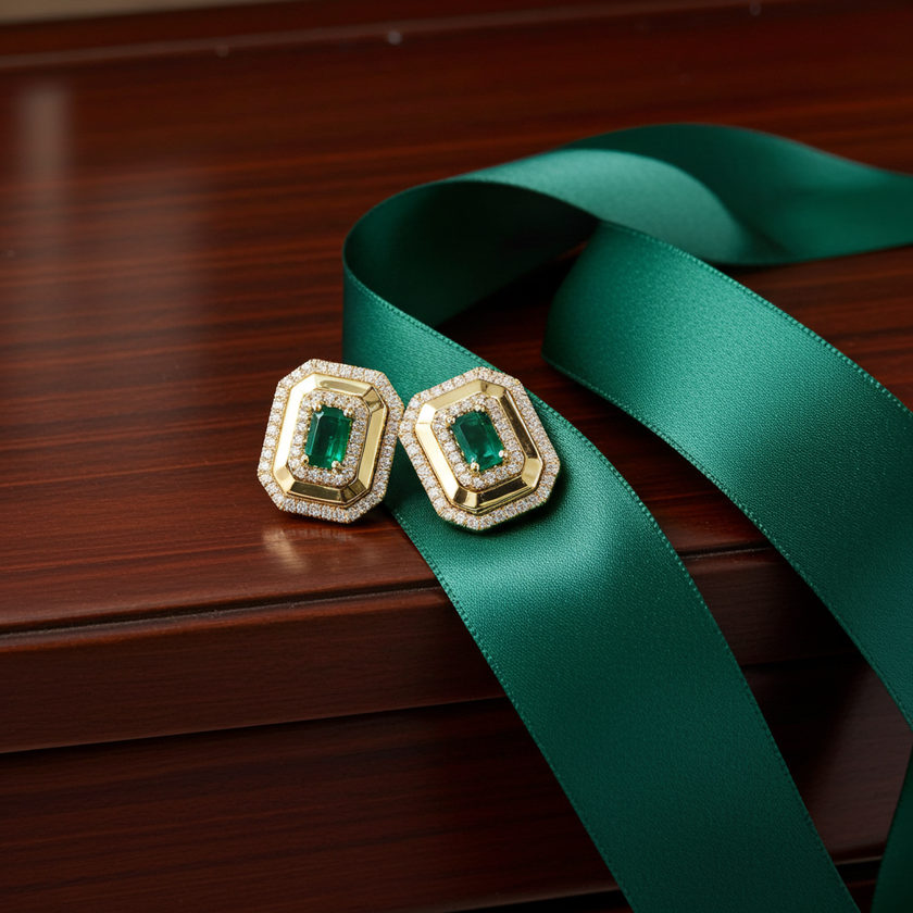 Shimmering Octagon Shaped Emerald & Diamond Halo EFFY Earrings in 14K