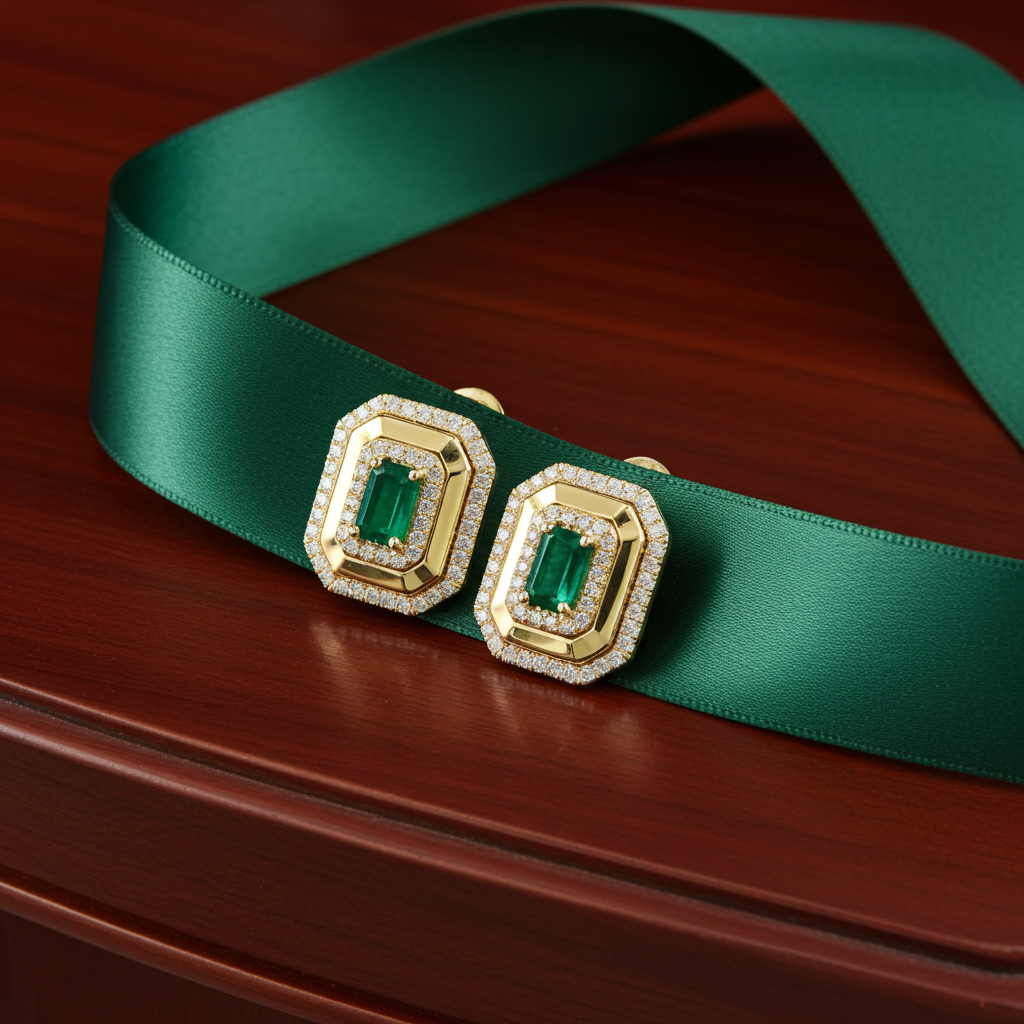 Shimmering Octagon Shaped Emerald & Diamond Halo EFFY Earrings in 14K