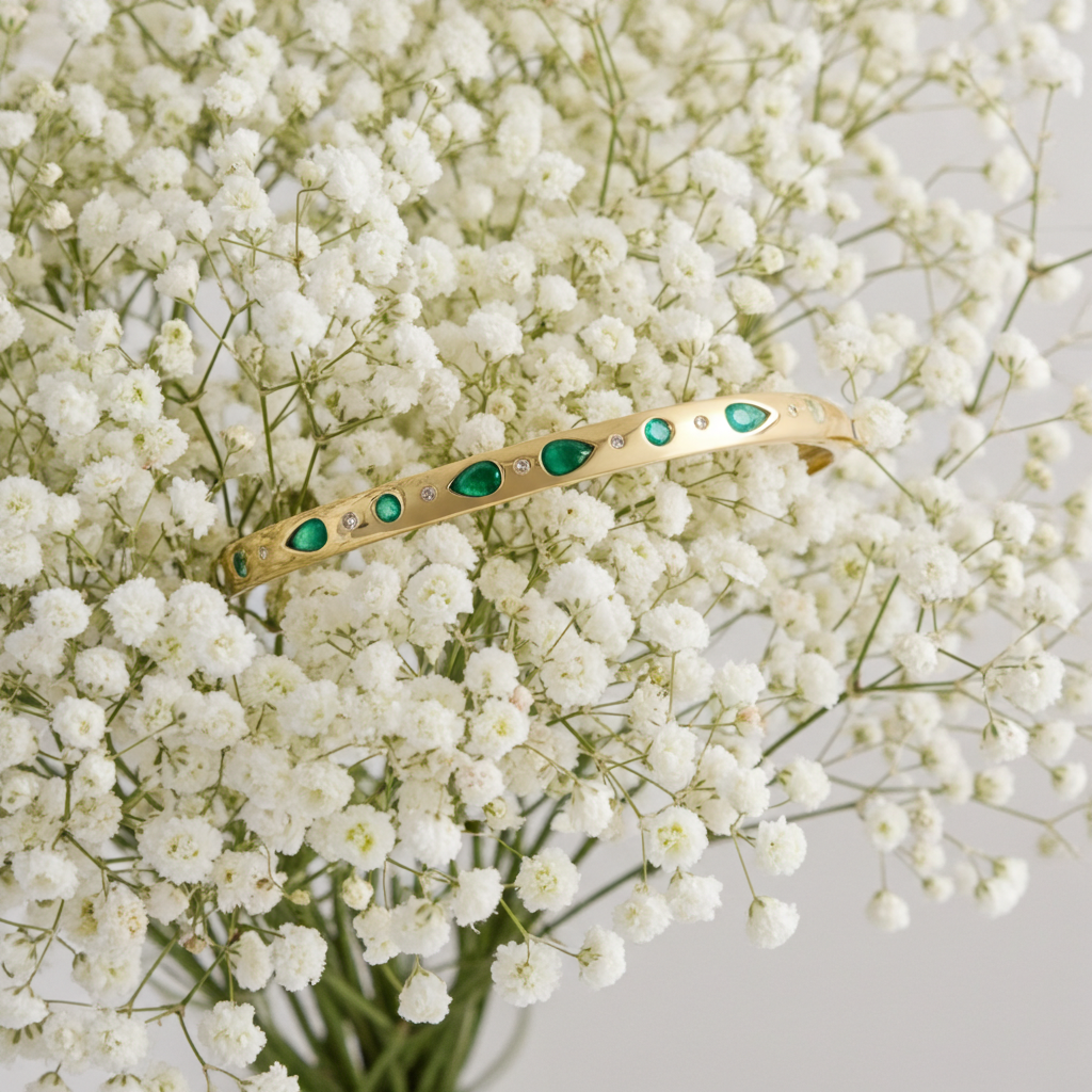 Vintage Inspired Pear Emerald and Diamond Effy Bangle Bracelet in 14K