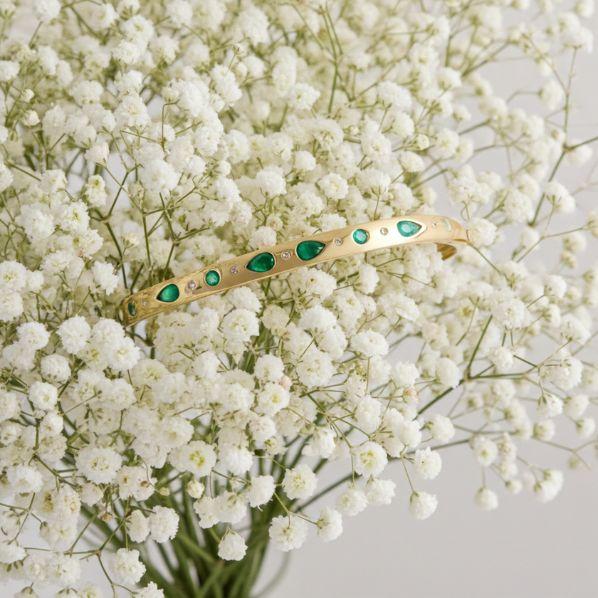 Vintage Inspired Pear Emerald and Diamond Effy Bangle Bracelet in 14K