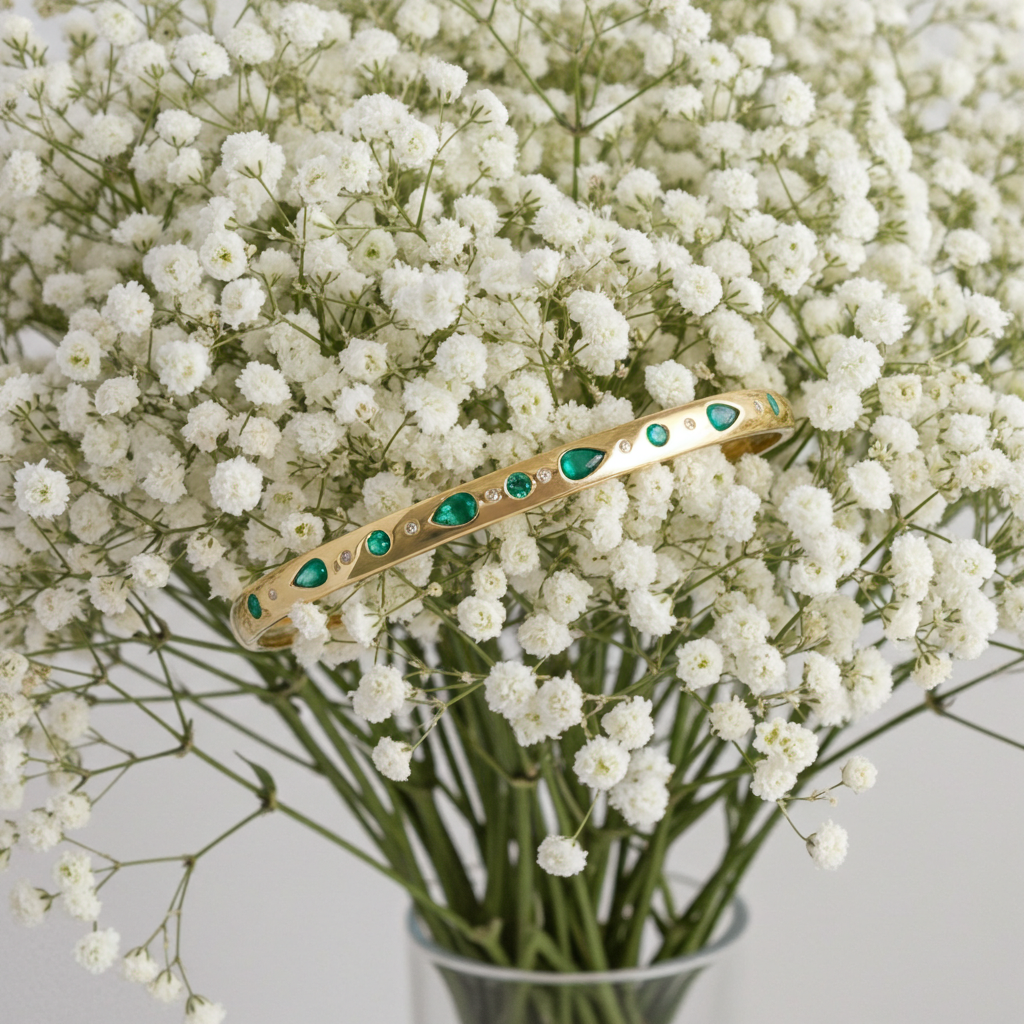 Vintage Inspired Pear Emerald and Diamond Effy Bangle Bracelet in 14K