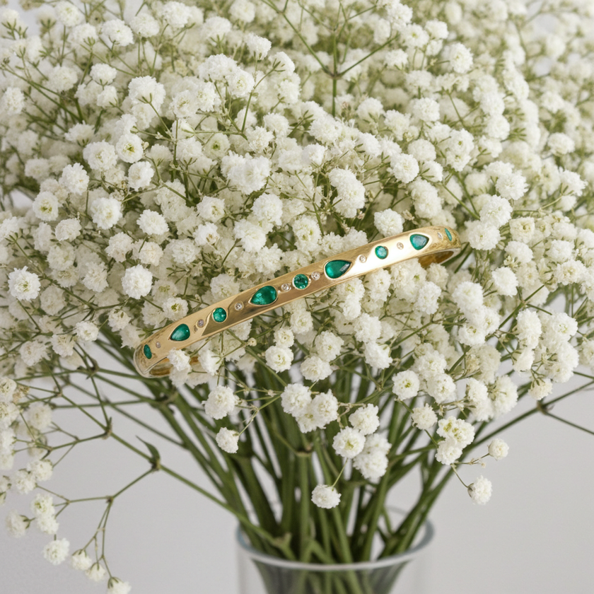 Vintage Inspired Pear Emerald and Diamond Effy Bangle Bracelet in 14K