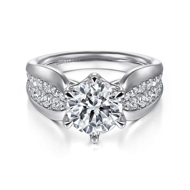 14K White Gold Wide Band Round Diamond Engagement Ring