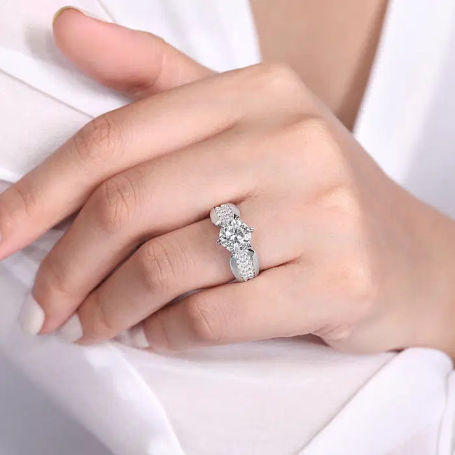 14K White Gold Wide Band Round Diamond Engagement Ring