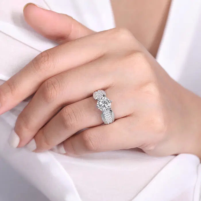 14K White Gold Wide Band Round Diamond Engagement Ring