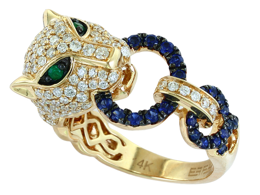 Incredible Panther Diamond and Sapphire EFFY Ring with Emerald Eyes in 14K