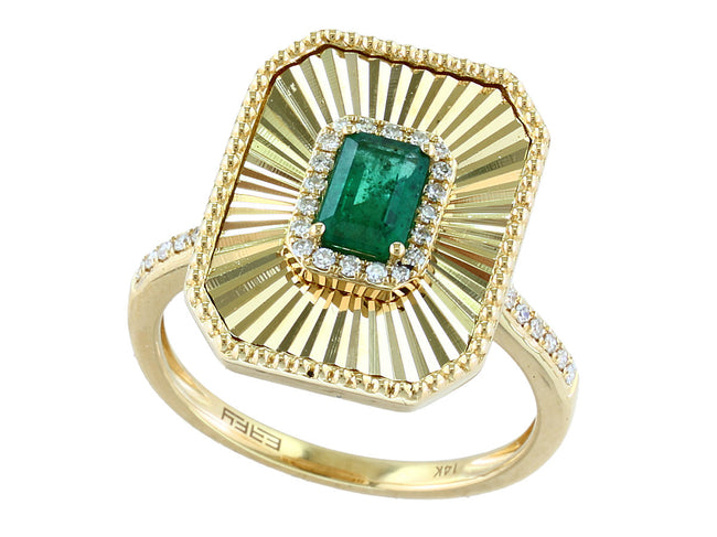 Shimmering Sunburst Halo Diamond and Emerald EFFY Ring in 14K