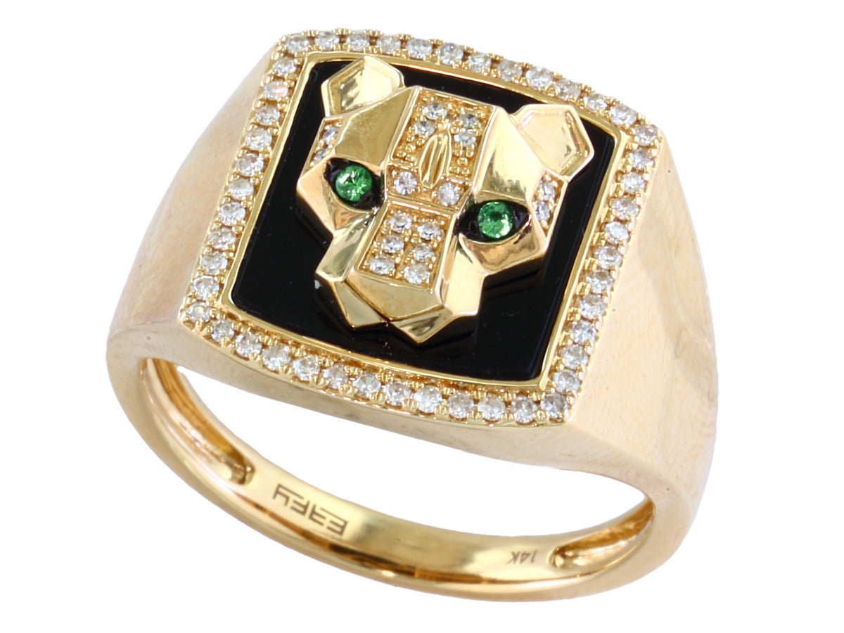 Modern Design Black Onyx and Diamonds EFFY Panther Ring with Tsavorite Eyes in 14K