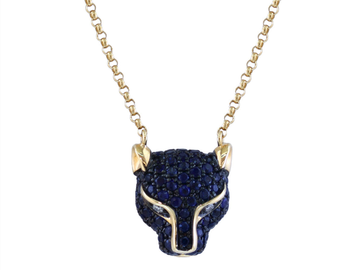 Small But Fierce Pave Blue Sapphire Panther EFFY Necklace with Diamond Eyes in 14K