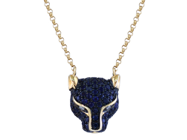 Small But Fierce Pave Blue Sapphire Panther EFFY Necklace with Diamond Eyes in 14K