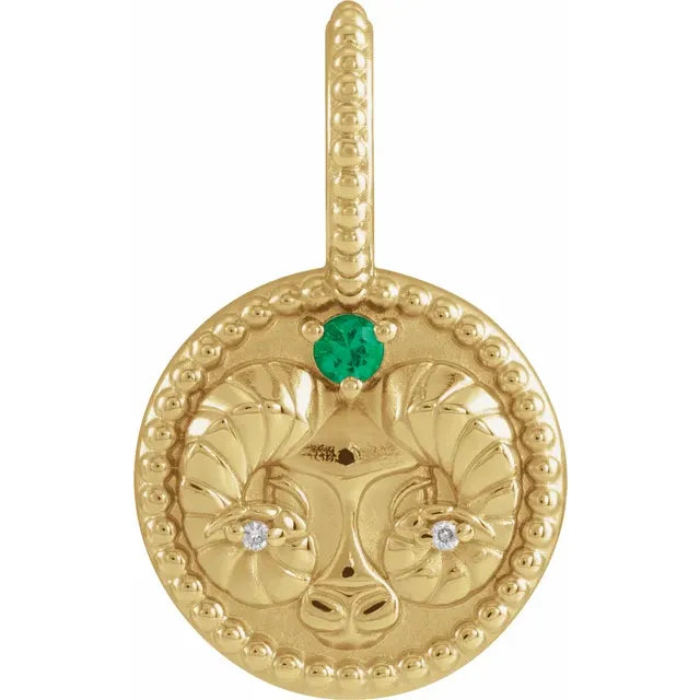 Custom 14K Yellow Emerald &Diamond Aries Charm/Pendant Zodiac