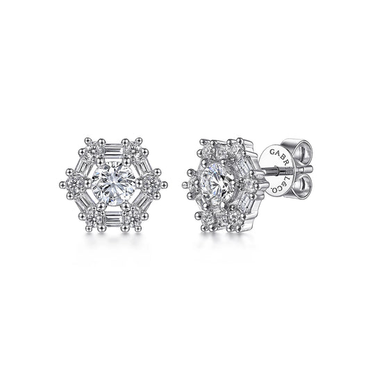 14K White Gold Fancy Halo Baguette and Round Stud Earrings
