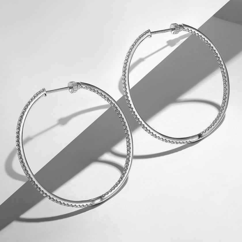 14K White Gold French Pave Round Inside Out Diamond Hoop Earrings