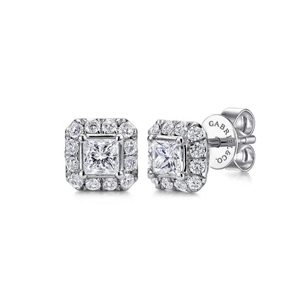 14K White Gold Princess Halo Diamond Stud Earrings