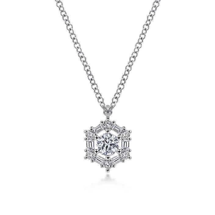 14K White Gold Round Diamond Pendant Necklace with Baguette and Round Hexagonal Halo