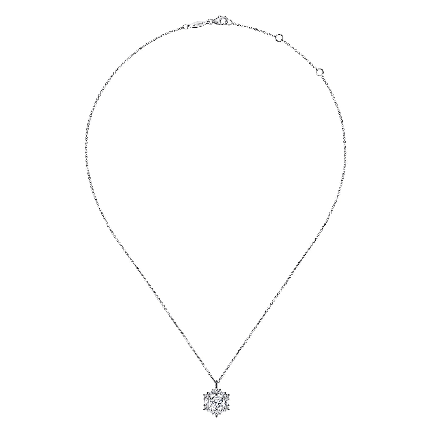 14K White Gold Round Diamond Pendant Necklace with Baguette and Round Hexagonal Halo