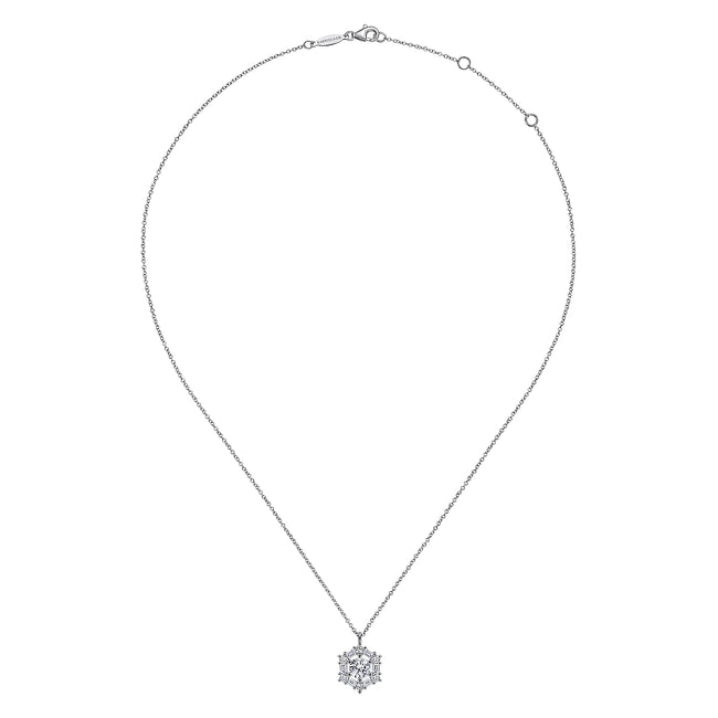 14K White Gold Round Diamond Pendant Necklace with Baguette and Round Hexagonal Halo