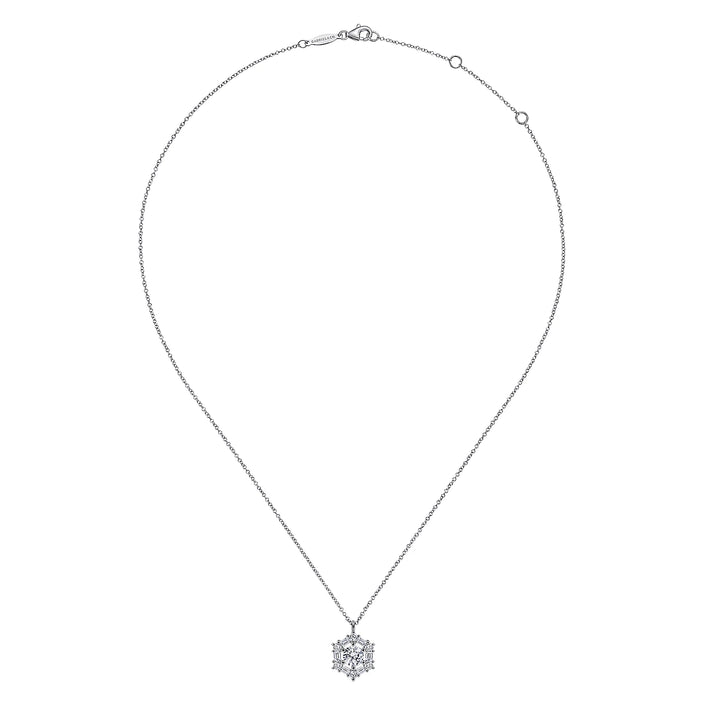 14K White Gold Round Diamond Pendant Necklace with Baguette and Round Hexagonal Halo