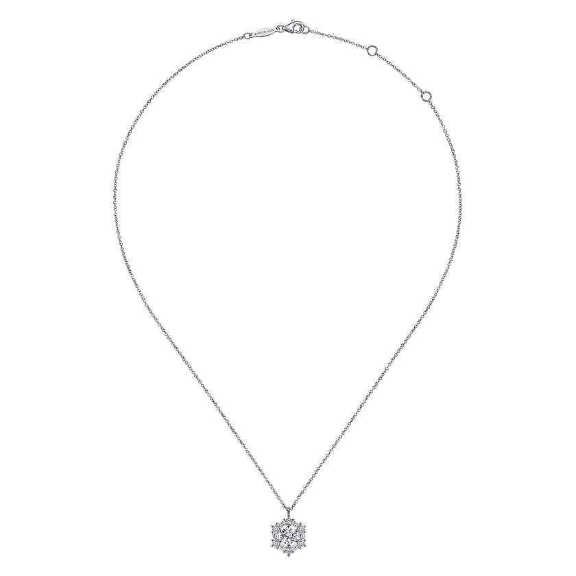 14K White Gold Round Diamond Pendant Necklace with Baguette and Round Hexagonal Halo