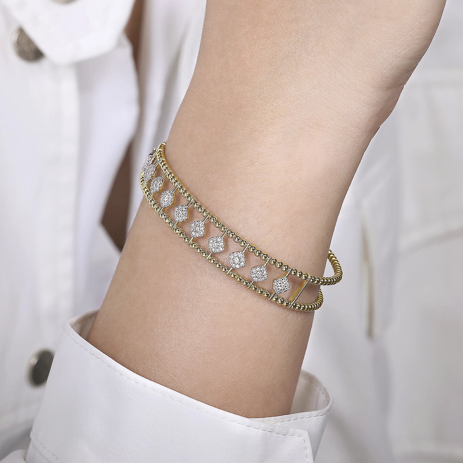 14K Yellow Gold Bujukan Cuff Bracelet with Pave Diamond Connectors