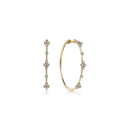 14K Yellow Gold Prong Set 40mm Round Classic Diamond Hoop Earrings