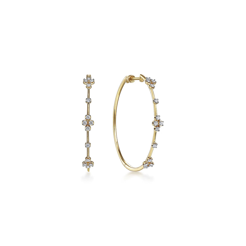 14K Yellow Gold Prong Set 40mm Round Classic Diamond Hoop Earrings