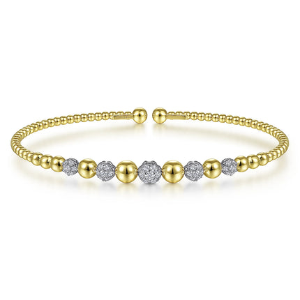 14K Yellow-White Gold Bujukan Cuff Bracelet with Pave Diamond Stations