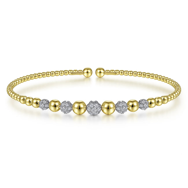 14K Yellow-White Gold Bujukan Cuff Bracelet with Pave Diamond Stations