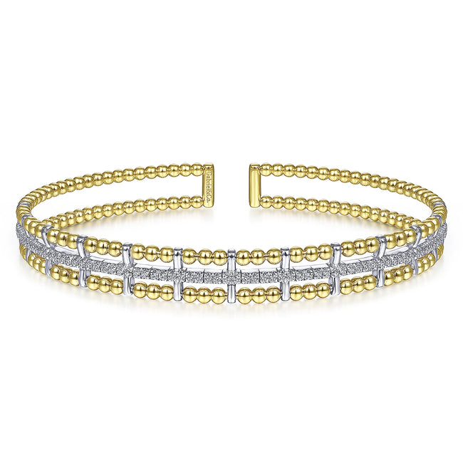 14K Yellow and White Gold Bujukan Cuff Bracelet with Inner Diamond Channel