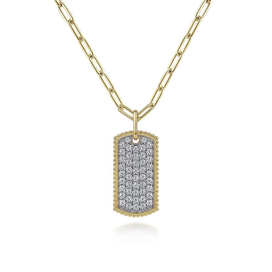 Gabriel 18" 14K Yellow Gold Diamond Pave' Dog Tag Hollow Chain Necklace
