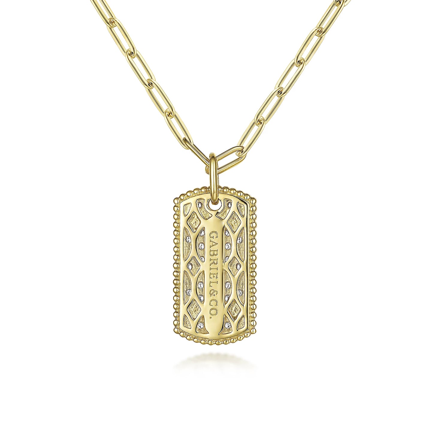 Gabriel 18" 14K Yellow Gold Diamond Pave' Dog Tag Hollow Chain Necklace