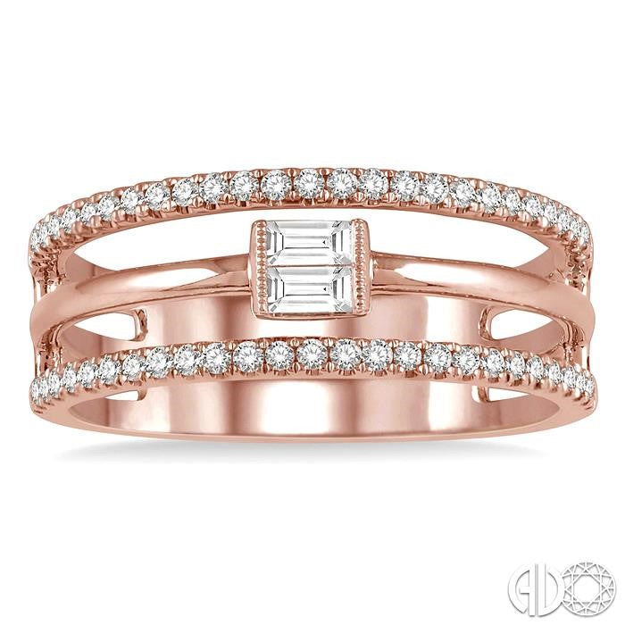 1/3 ctw Open Tri Band Baguette & Round Cut Diamond Fashion Ring in 14K Pink Gold