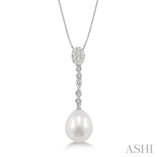 Diamond  Pearl Drop Pendant With Chain in 14K White Gold