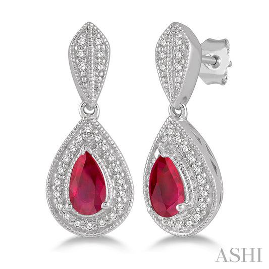 White Gold Pear Shape Ruby & Round Cut Diamond Precious Earring